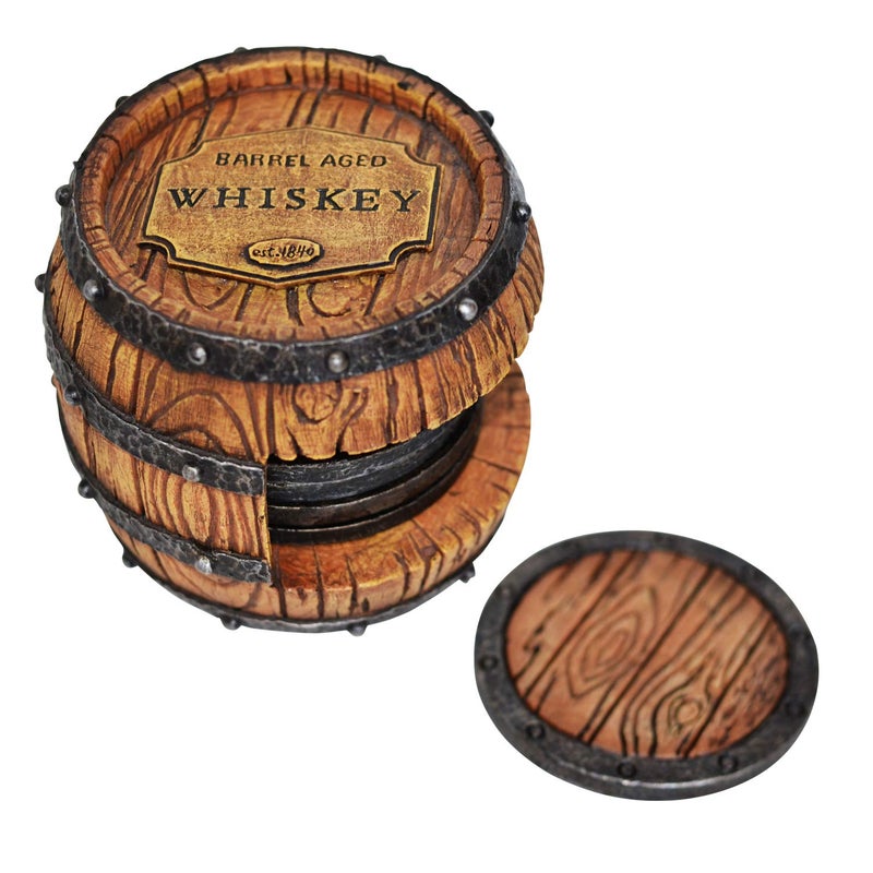 Pine Ridge Whiskey Bourbon Barrel Coaster Set - 5 Rustic Pieces for Bar Decorations for Home, Coasters for Men, Ideal Bar Coasters for Whiskey and Bourbon Drinkers, Man Cave Essentials - Image 1